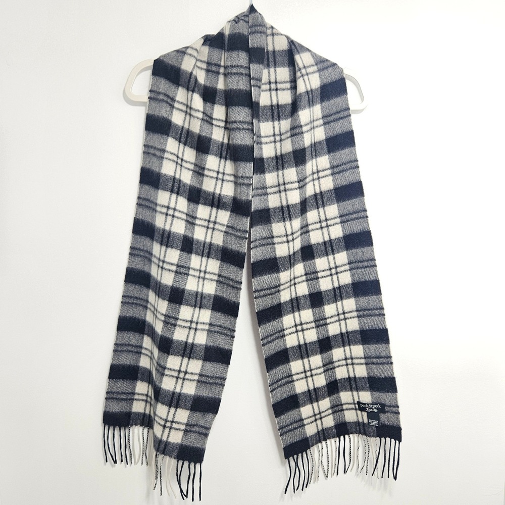 Peck & Peck‎ Cashmere Scarf Luxury Cozy Plaid Check Fringe Wrap Black Cream
